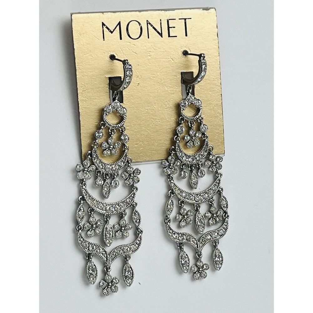 Vintage Monet Fabulous Silver Tone Drop Rhinestone Dangle Pierced Earrings Card